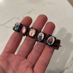 Vintage Style Catholic Wood Panel Saint Stretch Bracelet Brown Religious Jewelry